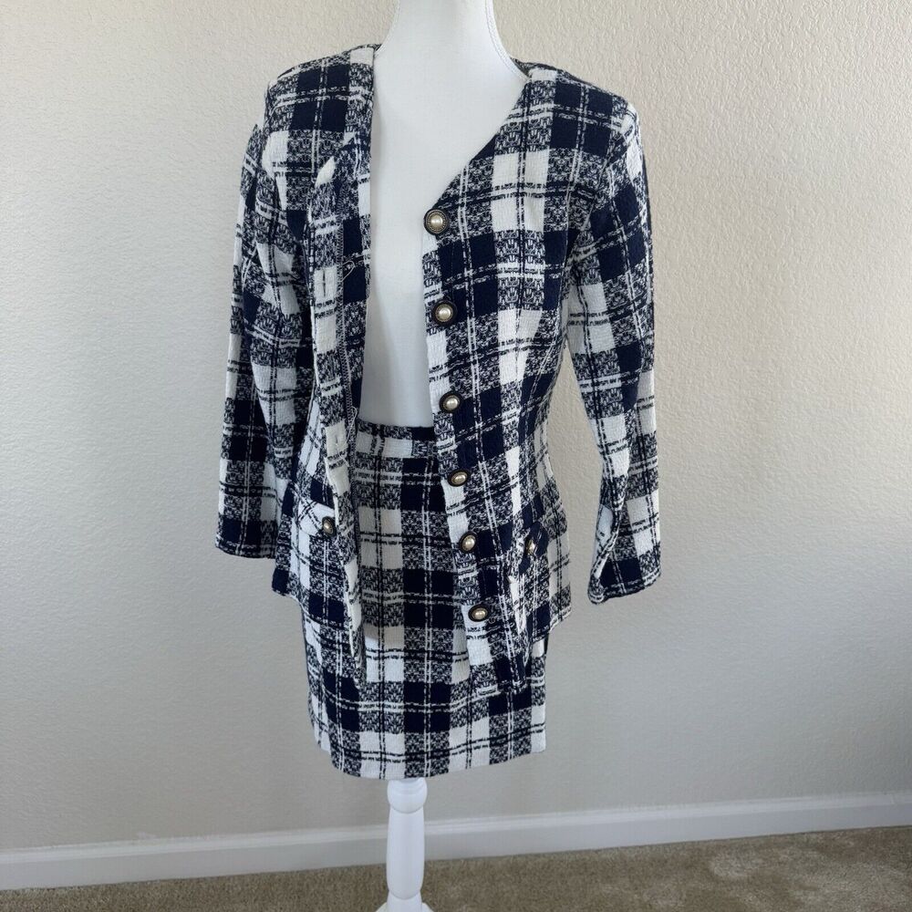 Byer Dress Jacket & Skirt Suit Set Navy Blue White Plaid Juniors Size 9 Vintage - Picture 11 of 16
